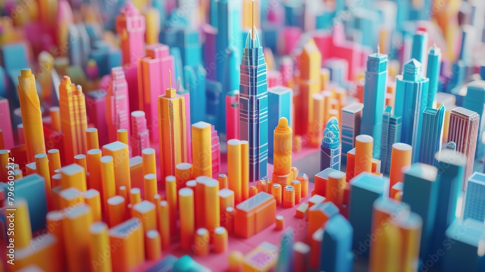 Poster a 3d rendering of a colorful city made of blocks