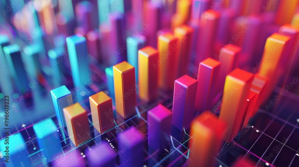 Poster a 3d rendering of a colorful bar graph with a glowing grid in the background.
