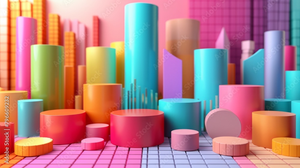 Poster a 3d rendering of a colorful city made of cylinders. the cylinders are arranged in a grid pattern an