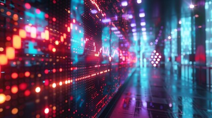 A 3D rendering of a futuristic city with glowing lights and a shiny reflective floor.