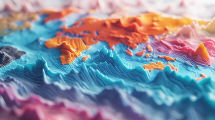 A 3D rendering of a geographical map with vibrant colors.