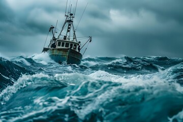 Obraz premium A fishing boat navigating stormy seas showcases sustainable fishing for marine conservation. Concept Sustainable Fishing, Marine Conservation, Fishing Boat, Stormy Seas, Navigating