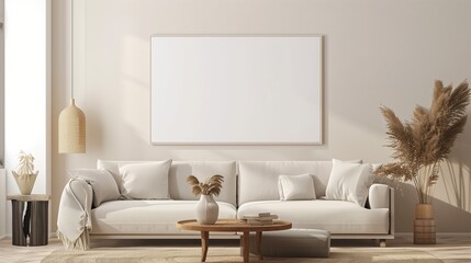 Elegant living room interior with a white sofa, decorative plants, and a large empty canvas.