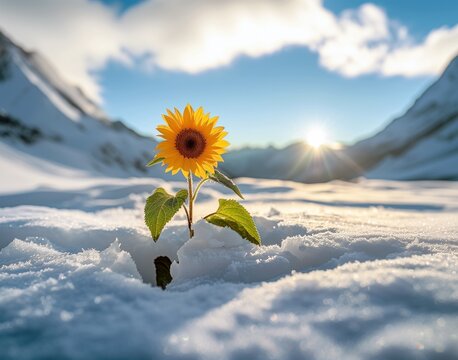 Vibrant Sunflower in Snowy Mountain Landscape at Sunrise