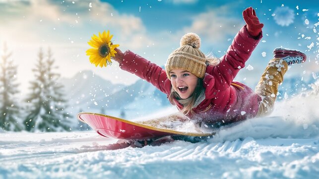 Exhilarating Winter Sled Ride with a Sunflower, Joyful Child in the Snow