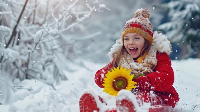 Joyful Winter Play, Young Girl Laughing with Sunflower Amidst Snowflakes