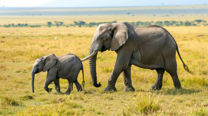 Fototapeta premium African wild elephant walking on meadow with baby elephant