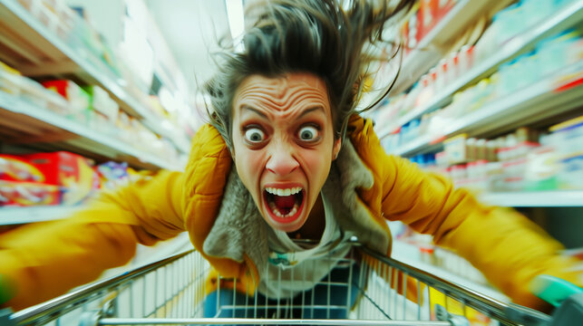 Dynamic image of a woman with a shocked expression riding a shopping cart in a grocery store.