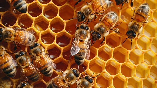 Busy Honeybees at Work on Honeycomb with Fresh Honey in Close-Up View