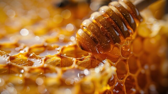 Honey Drizzle on Honeycomb: A Macro Shot of Nature's Golden Sweetness