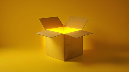 Opened a square cardboard box with golden light glowing from its inside on yellow background