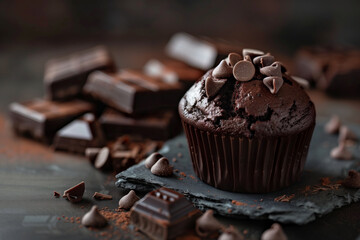 A decadent chocolate cupcake topped with chocolate chips sits amidst chocolate pieces, embodying a...