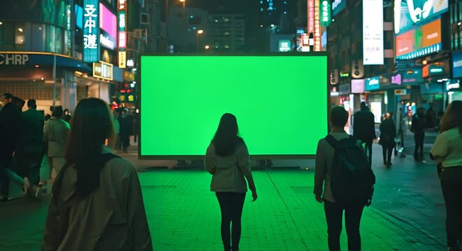 sponsor board in densely populated city center at night people walking around with green sponsor board display, green sponsor board display mockup.