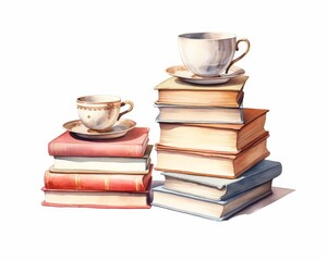 Naklejka premium A watercolor painting of two stacks of books with teacups on top of them.