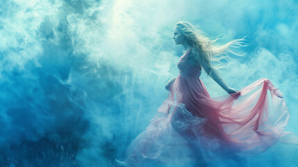 Artwork young scared woman running in blue spring fog