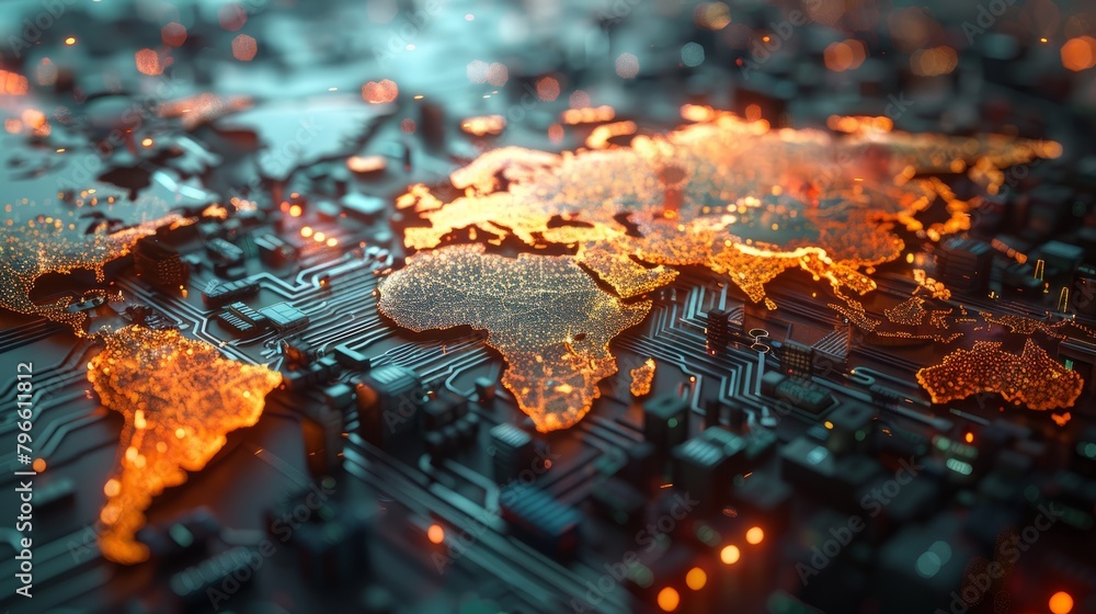Poster a circuit board in the shape of the world map.