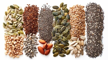 Top view of mixed healthy seeds, including chia, flax, pumpkin, sunflower, and sesame, essential for a balanced diet, isolated background