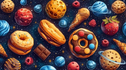 Seamless pattern with space rockets and fantasy sweets that include chocolate cookie, candy, donuts, caramel, and donuts. Editable modern illustration.