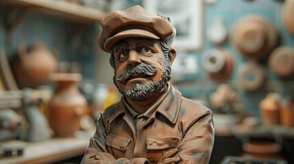 Fototapeta na wymiar A clay figurine of a man with a mustache and a hat.