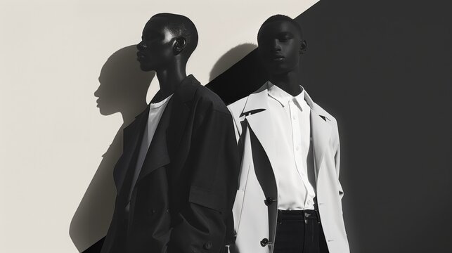 Stylish black and white image featuring two male models in contrasting outfits against divided backdrop.