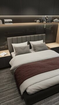 3D rendering. The camera flies around the bedroom in a minimalist style. Vertical format for a phone.	