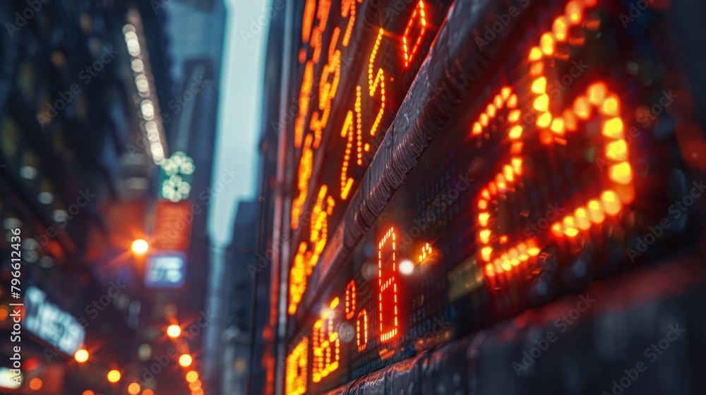 Poster a close up of a stock ticker showing the numbers going up and down.