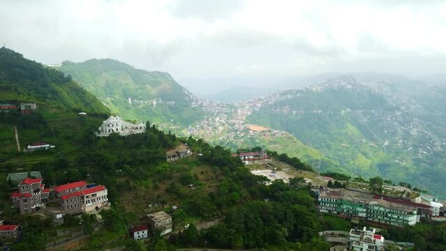 Aerial view of kv paradise in aizawl the capital city of mizoram, this architectural establishment gives an amazing view of hills and the green mizoram in north-east India