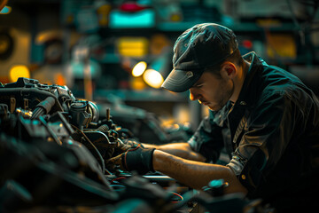 professional photo of a mechanic's expertise as they skillfully manipulate a vehicle part, highlighting the mastery and precision involved in automotive maintenance,