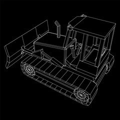 Big front-end loader bulldozer. Heavy equipment machine and manufacturing equipment for mining. Wireframe low poly mesh vector illustration.