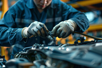 professional photo of a mechanic's expertise as they skillfully manipulate a vehicle part, highlighting the mastery and precision involved in automotive maintenance,