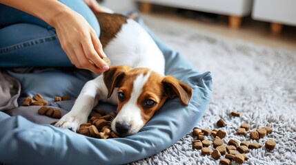 Jack russel terrier dog experiencing appetite loss surrounded by untouched treats on soft bed - obrazy, fototapety, plakaty