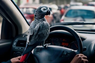 Adventurous african grey parrot navigating city traffic from car steering wheel