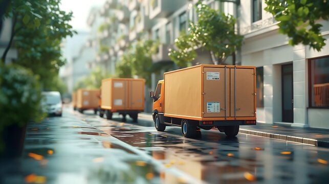 3D illustration delivery truck courier efficient service UPS package shipping logistics industry