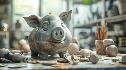 A cute ceramic piggy bank sits on a table surrounded by piles of coins.