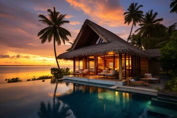 A Luxurious Tropical Resort Bungalow Nestled Amidst Lush Greenery, Overlooking the Crystal Clear Ocean Under a Brilliant Sunset Sky