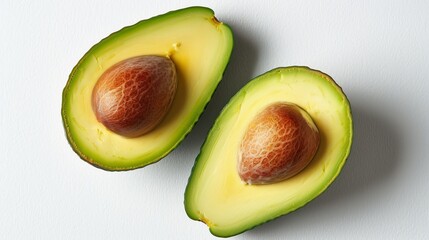 Nutrient-rich avocado halves top view, showcasing healthy fats and vibrant green texture, isolated on a clean background, studio lighting
