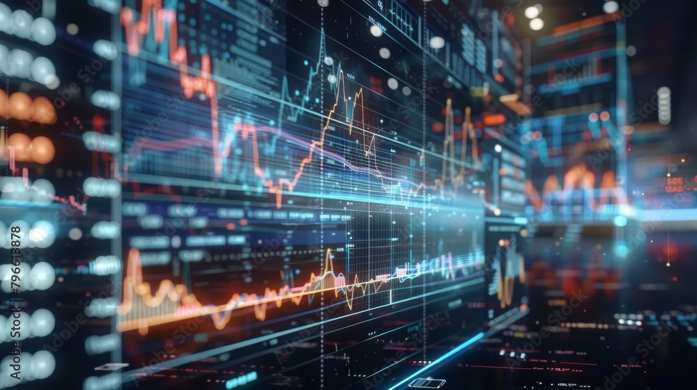 Poster a digital display of stock market data with blue and orange lines representing price changes.