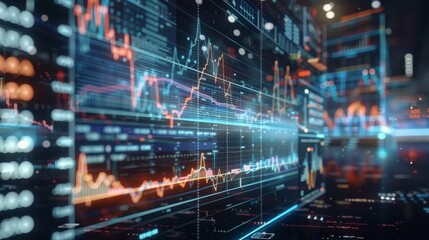 A digital display of stock market data with blue and orange lines representing price changes.