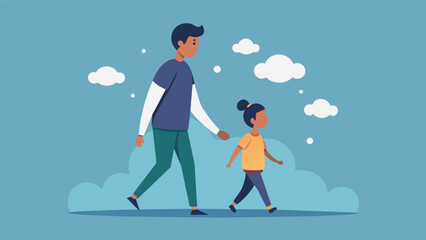 A parent and child walking hand in hand the child bravely confessing their dreams and fears for the future.. Vector illustration