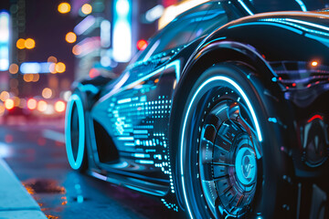 Futuristic cyber car with glowing wheels against a cyberpunk cityscape background in a close-up shot, creating a high-tech atmosphere, with reflections of neon lights on the street