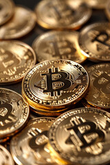 Detailed visualization of a pile of Bitcoins, with a focus on the top coin's shiny surface and intricate design, isolated on a solid black background