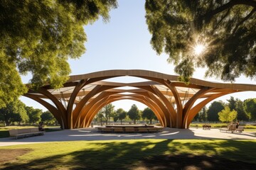 An Open-Concept Pavilion with Wooden Beams, Nestled in a Lush Green Park, Under a Clear Blue Sky