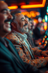 A man in a suit is smiling at a slot machine. Lucky concept