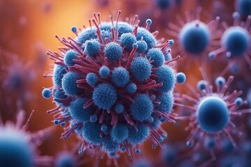 Cells of a dangerous virus under a microscope, 3D. Micro world. Bokeh effect - obrazy, fototapety, plakaty