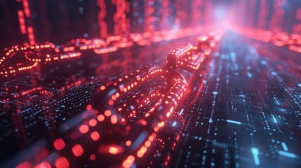 Fototapeta premium A glowing red and blue circuit board with a chain of glowing red spheres floating above it.