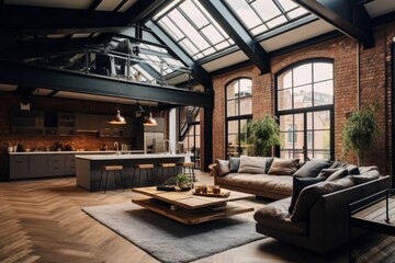 A Vibrant Warehouse Loft Conversion Showcasing a Fusion of Industrial Aesthetics with Modern Minimalist Design Elements - obrazy, fototapety, plakaty