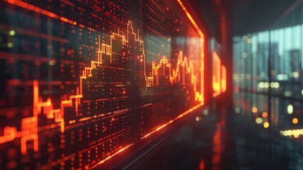 Obraz premium A glowing red stock market graph in a dark room.