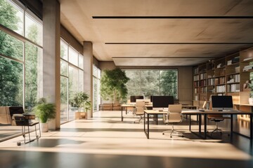 A Minimalistic Sand Beige Unadorned Office Space with Large Windows Allowing Natural Light to Stream In