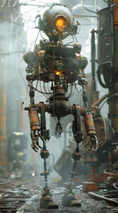Rusty, old-fashioned robot in despair - An eye-catching image of an old, rusty robot looking forlorn, possibly abandoned, amidst modern cables and gears