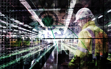 Techniker an einer Anlage in einer futuristischen Halle mit Maschinen - Wartung und Analyse - Ingenieur mit Technologie Know.how - Industrie 4.0